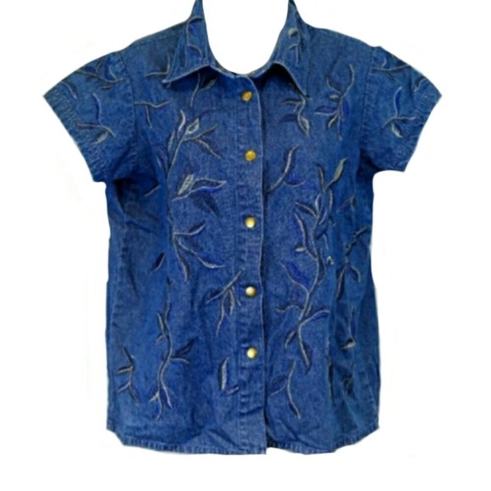 Together Vintage 90s  Denim Shirt Medium - Embroidered Snap Front Jean Top